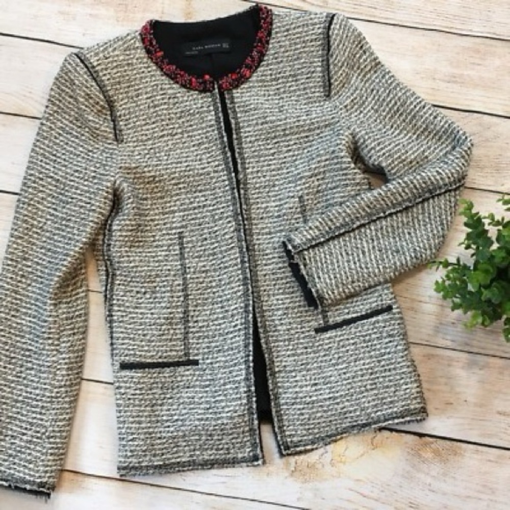 ZARA Embellished Blazer Tweed Boucle Beaded Jacket